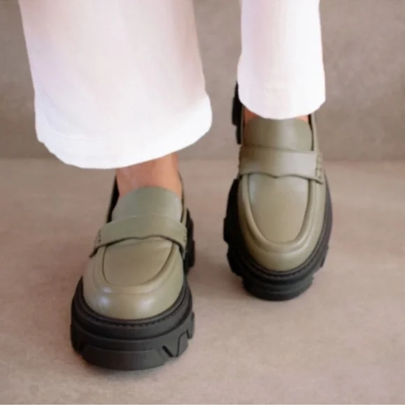 Alohas Trailblazer Leather Loafers Dusty Olive Sz 41 / 10.5 Chunky Platform - Picture 1 of 8